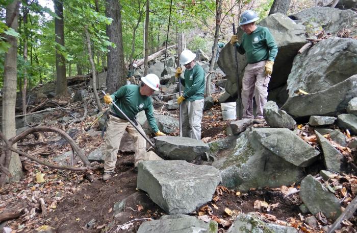 Long Distance Trails Crew working on the Long Path at Hook Mountain State Park.